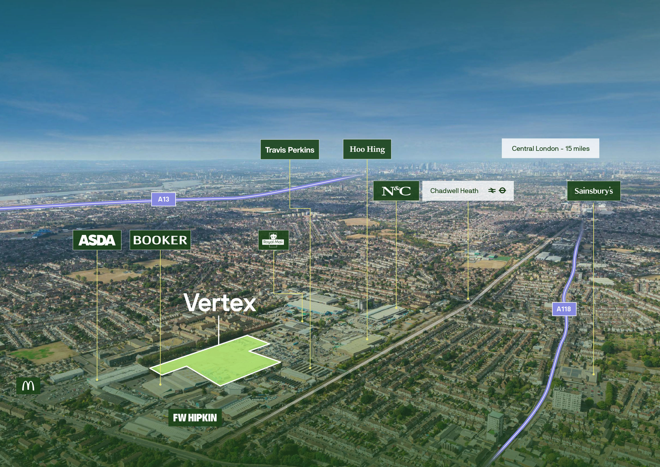 Aerial view of Vertex on Selinas Lane, Chadwell Heath, outlined in green, with neighbouring occupiers including Asda, Booker, Travis Perkins, Hoo Hing, N&C, Sainsbury's, McDonald's and FW Hipkin, Chadwell Heath station and Central London beyond