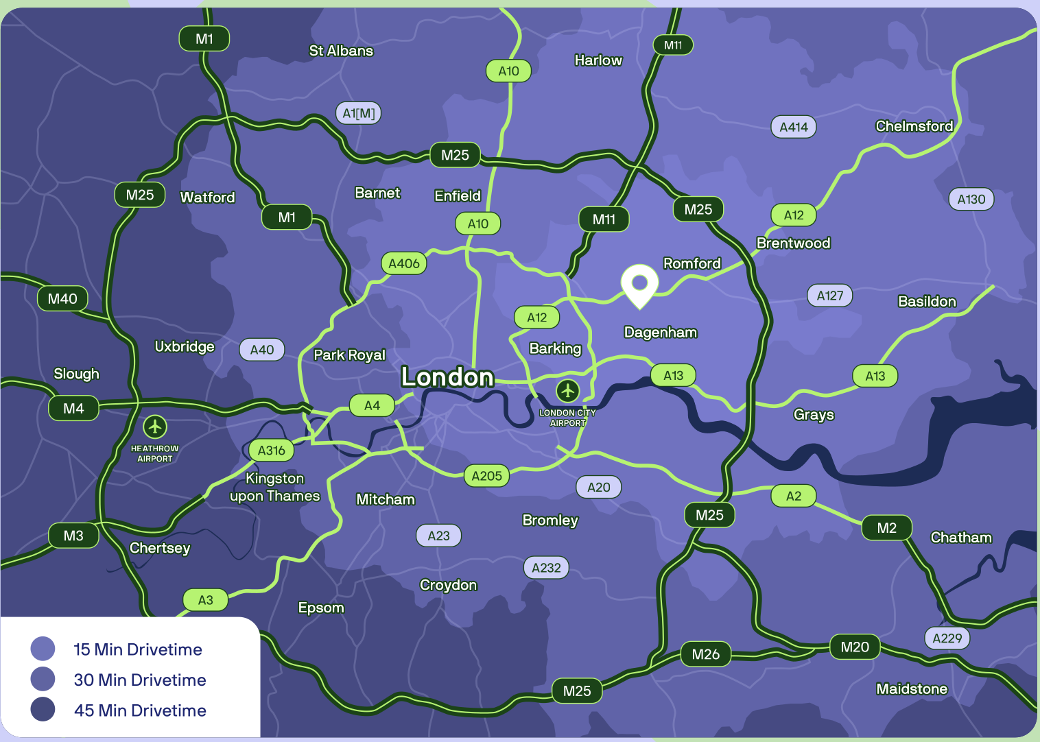 Drivetime map showing 15, 30 and 45 minute catchments around Vertex across London, the M25 and the wider South East
