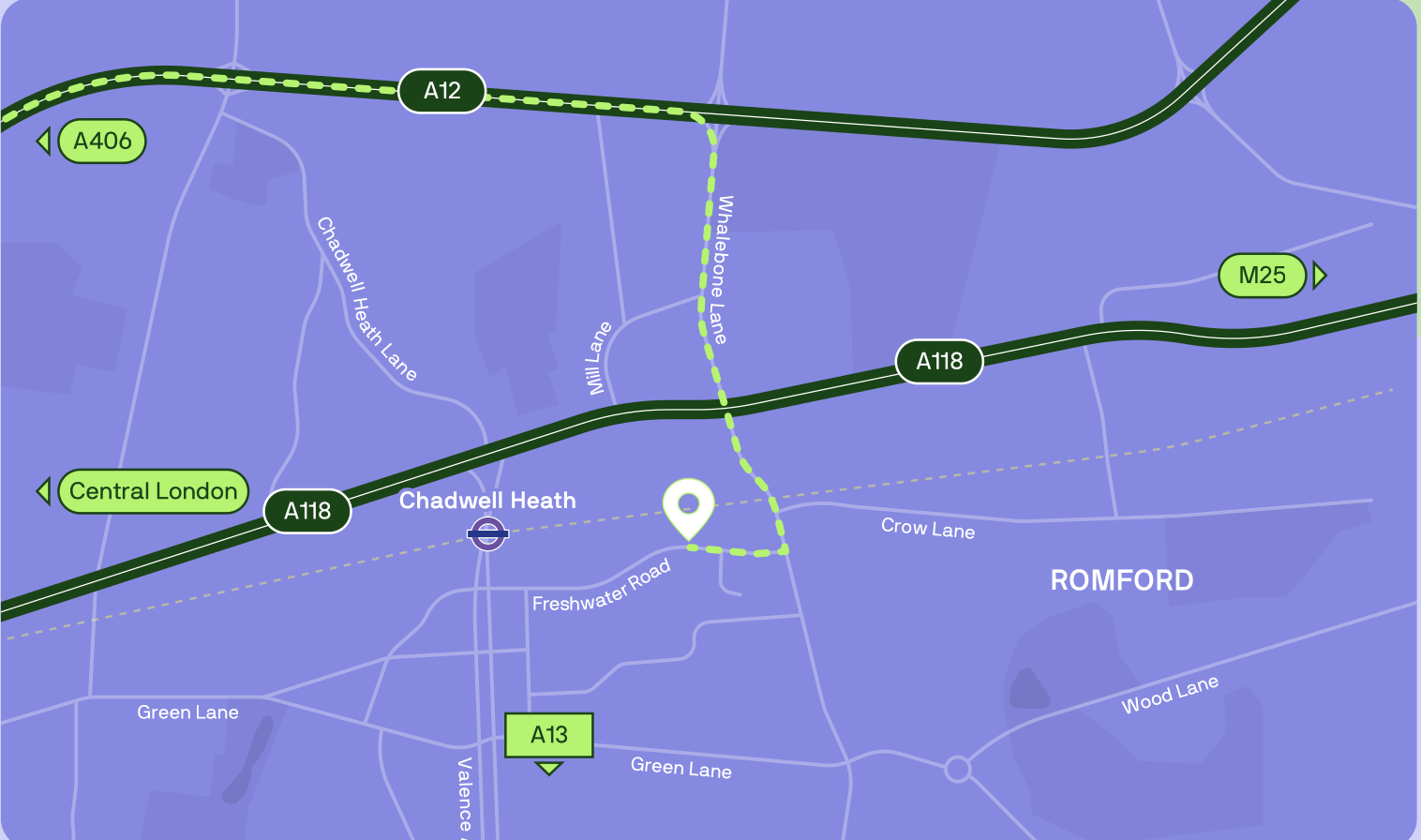 Local map showing Vertex off Selinas Lane between the A12 and A118 at Chadwell Heath, with Romford to the east and Central London to the west